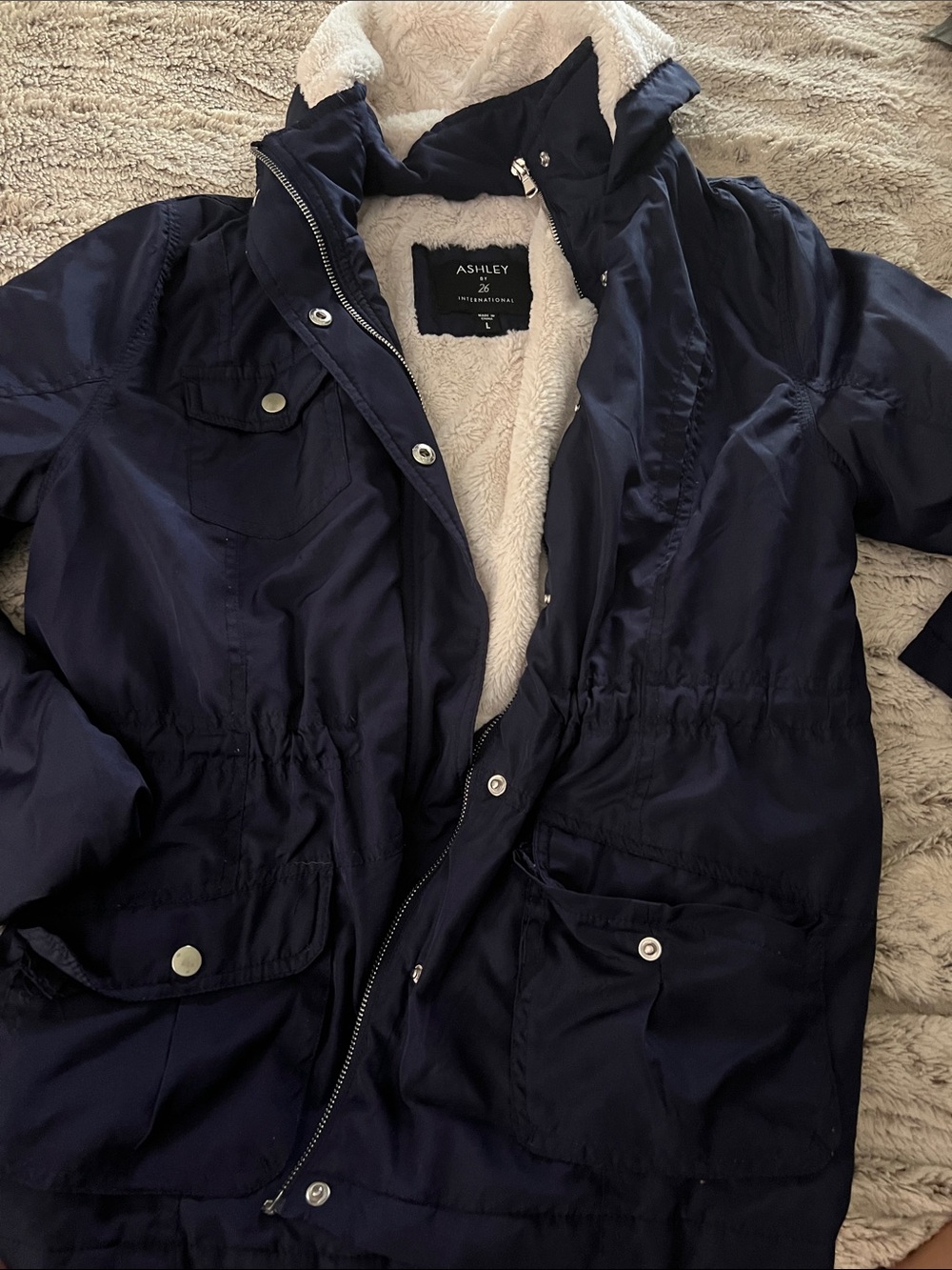 5/$10 item Ashley By 26 International Navy Puffer Parka with Cream Sherpa Lining